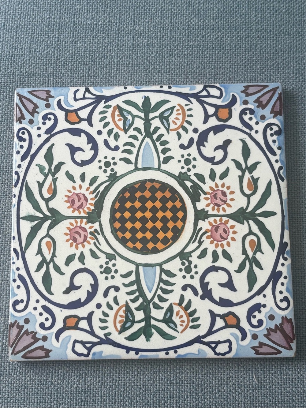 Vintage Hand-Painted Floral Ceramic Tile Art - Blue, Green, Orange